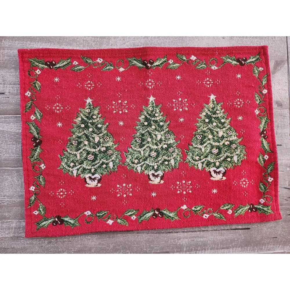 Festive Christmas Tree Woven‎ Tapestry Placemats With Holly Border 17